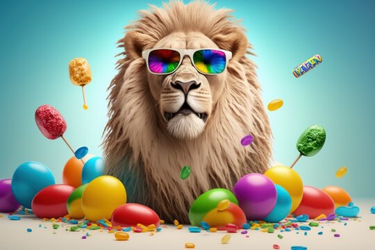 Cool Lion with sunglasses with candies on colorful background. The lion is watching a movie! Generative ai