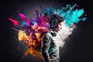 Obraz na płótnie Canvas Teen with Headphones Standing in Colorful Explosion with Digital Art and Highly Contrasted Colors, Generated AI