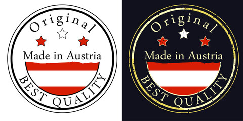 Round labels with flag, original best quality. Vector illustration of Austria flag.