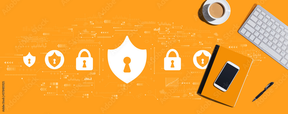 Poster cyber security theme with a computer keyboard and office items