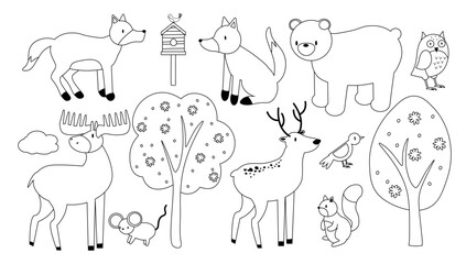 Vector line set of Forest Animals. Woodland Animal outline for coloring including moose, bear, deer, fox, rabbit, squirrel, owl, bird. EPS