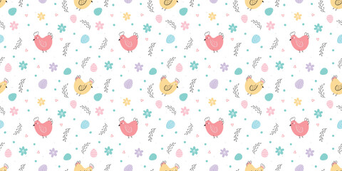 Easter seamless pattern. Background with Chicken , Easter eggs, willow
