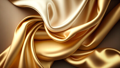Elegant smooth golden silk. Warped silk cloth. Generative AI