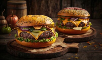  two hamburgers with cheese, lettuce, and other toppings.  generative ai
