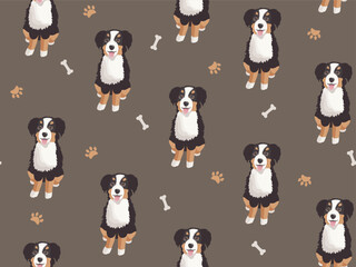 Seamless pattern with vector big cute cartoon Bernese mountain dogs sitting and smiling on dark background. Domestic happy pets