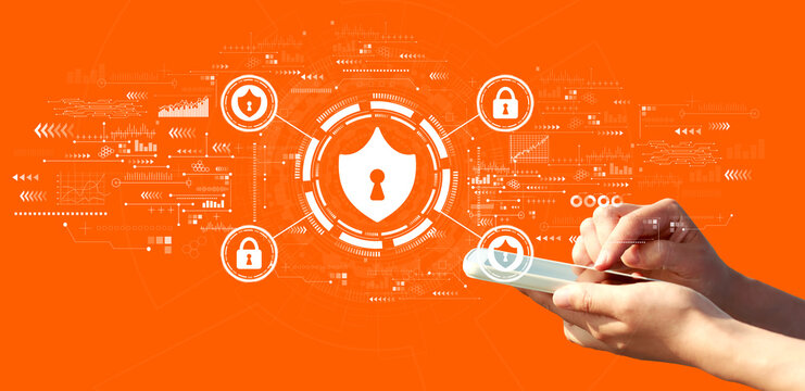 Cyber security theme with person using a smartphone on a orange background
