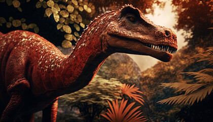 Closeup on head with sharp teeth of carnivorous dinosaur. Prehistoric predator. Generative AI