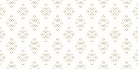 Vector golden minimalist geometric texture. Simple seamless pattern with outline diamonds, rhombuses, thin lines. Abstract gold and white graphic ornament.  Luxury minimal background. Repeat design