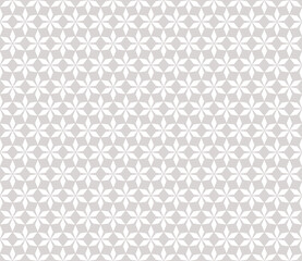 Subtle abstract geometric seamless pattern in Oriental style. Luxury texture with floral lattice, mesh, grid, flower silhouettes. Gray and white elegant background. Asian ornament. Vector geo design