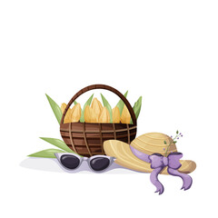 yellow tulips on a white background with leaves in a basket with glasses and a hat. banner template for web design, apps, postcards. vector. cartoon style