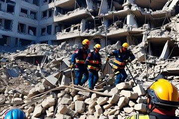Rescuers In Uniform And Helmets Dismantle The Rubble Of Houses After The Earthquake, The Ruined City And Multi-Storey Buildings, Disaster, The Consequences Of A Strong Earthquake. Generative AI