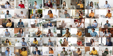 Multiethnic people using laptop, mosaic of candid photos, collage