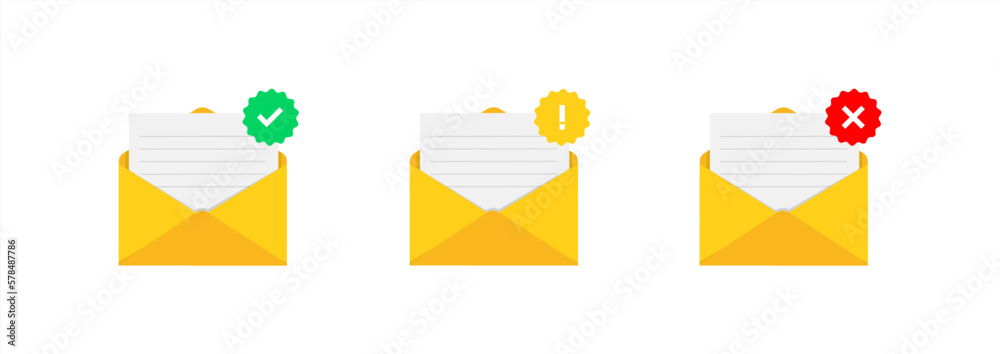 Poster envelopes with document and round green check mark icon. successful e-mail delivery, email delivery 