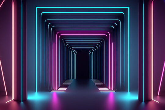 3d rendering, rounded pink blue neon lines, glowing in the dark. Abstract minimalist geometric background banner. Ultraviolet spectrum. Cyber space. Futuristic wallpaper