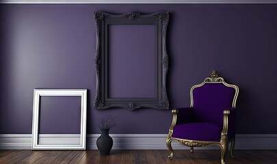  a purple chair in a room with a picture frame on the wall and a vase with a flower in it next to a purple chair.  generative ai