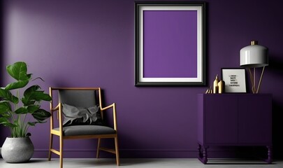  a purple room with a chair and a potted plant on the side of the room and a picture frame on the wall above the chair.  generative ai