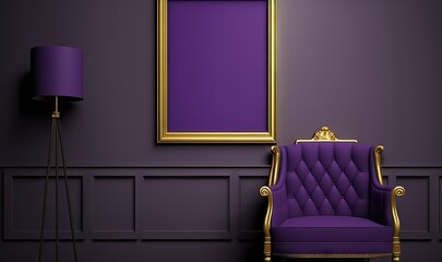  a purple chair and a gold framed picture on a purple wall with a purple lamp and a purple chair in front of a purple wall.  generative ai