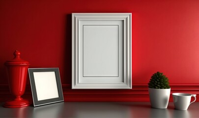  a red room with a picture frame and a potted plant next to a white framed picture on a red wall with a red wall.  generative ai