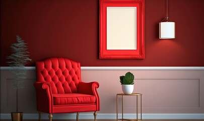  a red chair sitting next to a red wall with a mirror and a potted plant on a small table in front of a red wall.  generative ai