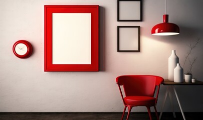 Fototapeta na wymiar a red chair sitting next to a red framed picture on a wall next to a red lamp and a red clock on a white wall. generative ai