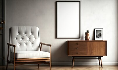  a white chair and a wooden cabinet in a room with a picture on the wall and a picture frame on the wall above it and a picture frame on the wall.  generative ai