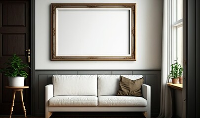  a living room with a white couch and a wooden table with a potted plant on it and a large framed picture on the wall.  generative ai