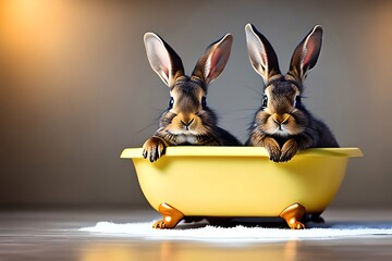 Two Cute Baby Brown Rabbit In The Bathtub, Blurred Light Yellow Background. Generative AI - obrazy, fototapety, plakaty