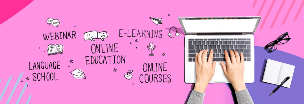 Online education theme with person using a laptop computer
