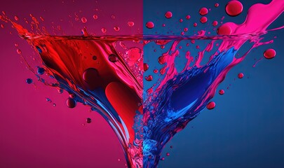  a red and blue liquid splashing into a blue and pink liquid filled with water on a blue and pink background with a black border.  generative ai