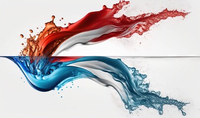  a red, white and blue liquid splashing out of a white wall into a blue and red liquid splashing out of a white wall.  generative ai