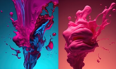  two images of different colored liquid in different stages of flow, one of which is pink and the other is blue and the other is blue.  generative ai