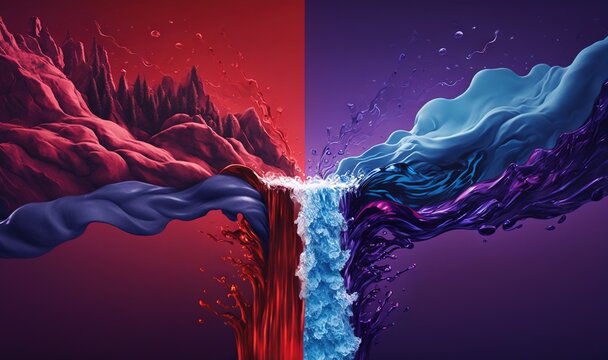  two images of a waterfall and a red and blue waterfall with water splashing on it, one of the two images is split into different colors.  generative ai