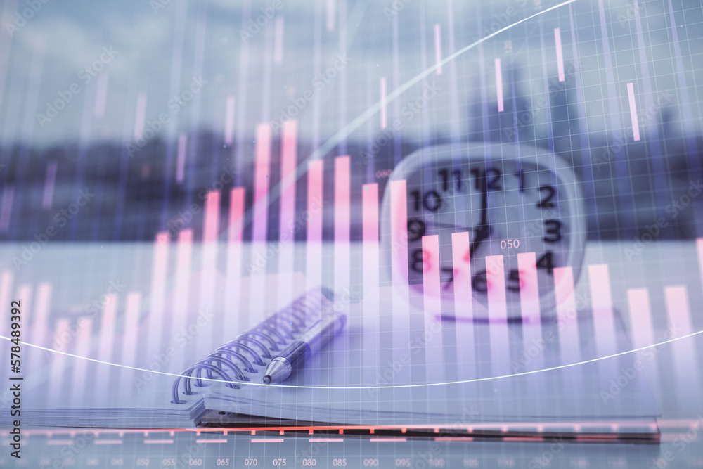 Poster Multi exposure of financial graph drawings and desk with open notebook background. Concept of forex