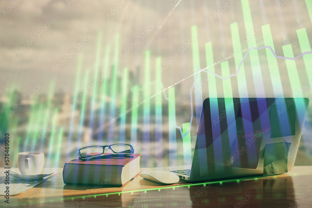 Poster Double exposure of financial chart drawings and desk with open notebook background. Concept of forex market