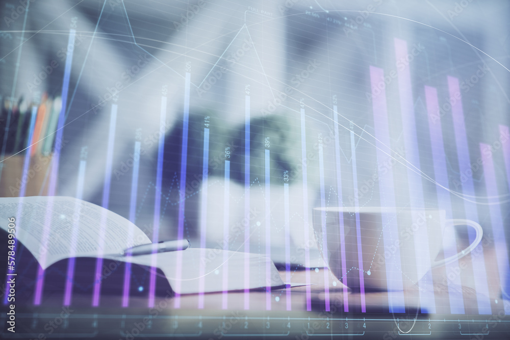 Aufkleber Multi exposure of forex graph drawing and desktop with coffee and items on table background. Concept of financial market trading