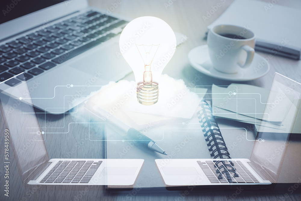 Poster double exposure of bulb drawing and desktop with coffee and items on table background. concept of id