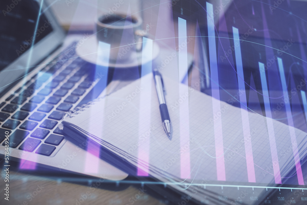 Poster Double exposure of forex chart drawing and desktop with coffee and items on table background. Concept of financial market trading