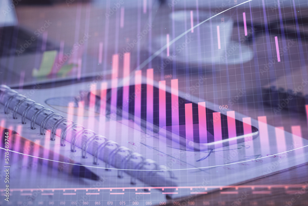 Poster double exposure of forex chart drawing and cell phone background. concept of financial data analysis