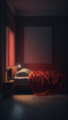 Ai generated. red silk sheets for a lovers romance. Blank walls and frames with space for advertising and promotion. The interior of a room with an unmade bed after being used.