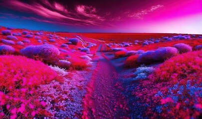  a purple and pink landscape with a road going through the middle of the field and flowers growing on the side of the road, and a purple sky in the background.  generative ai