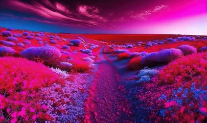 Papier Peint photo autocollant Roze  a purple and pink landscape with a road going through the middle of the field and flowers growing on the side of the road, and a purple sky in the background.  generative ai