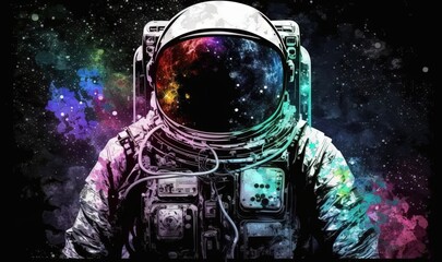 Obraz na płótnie Canvas an astronaut in outer space with colorful paint splattered on his face and body, with a black background and multicolored stars in the background. generative ai