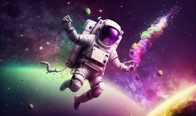 Obraz na płótnie Canvas an astronaut floating in space with planets and stars in the background, with a rainbow colored sky and stars in the foreground, and a distant planet in the foreground. generative ai
