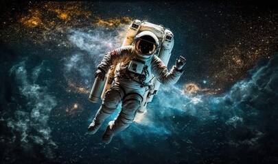  an astronaut floating in the space with stars in the background and a blue and yellow background with clouds in the foreground and a yellow and white space in the foreground.  generative ai