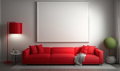 a living room with a red couch and a large picture frame on the wall above the couch is a lamp and a table with a vase on it.  generative ai