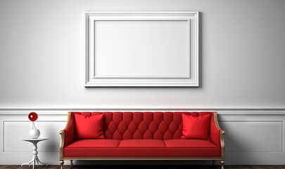  a living room with a red couch and a white framed picture on the wall above the couch is a table with a vase and a lamp.  generative ai