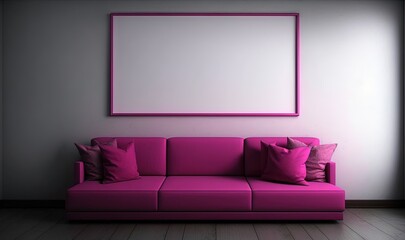  a pink couch in a dark room with a large picture frame on the wall above it and a pair of pink pillows on the floor.  generative ai