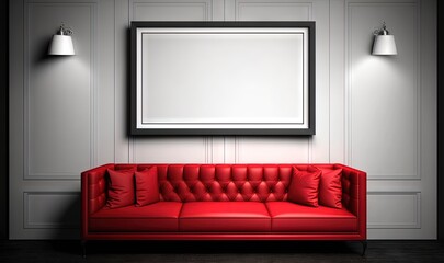  a red couch in a room with a picture frame on the wall and two lamps on either side of the couch and a framed picture on the wall.  generative ai