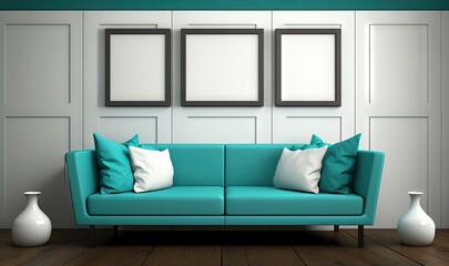  a blue couch sitting in a living room next to two white vases and a wall with three framed pictures on the wall behind it.  generative ai