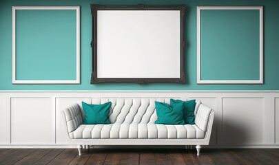  a white couch sitting in front of a blue wall with a picture frame on it's wall and a green pillow on it's back.  generative ai